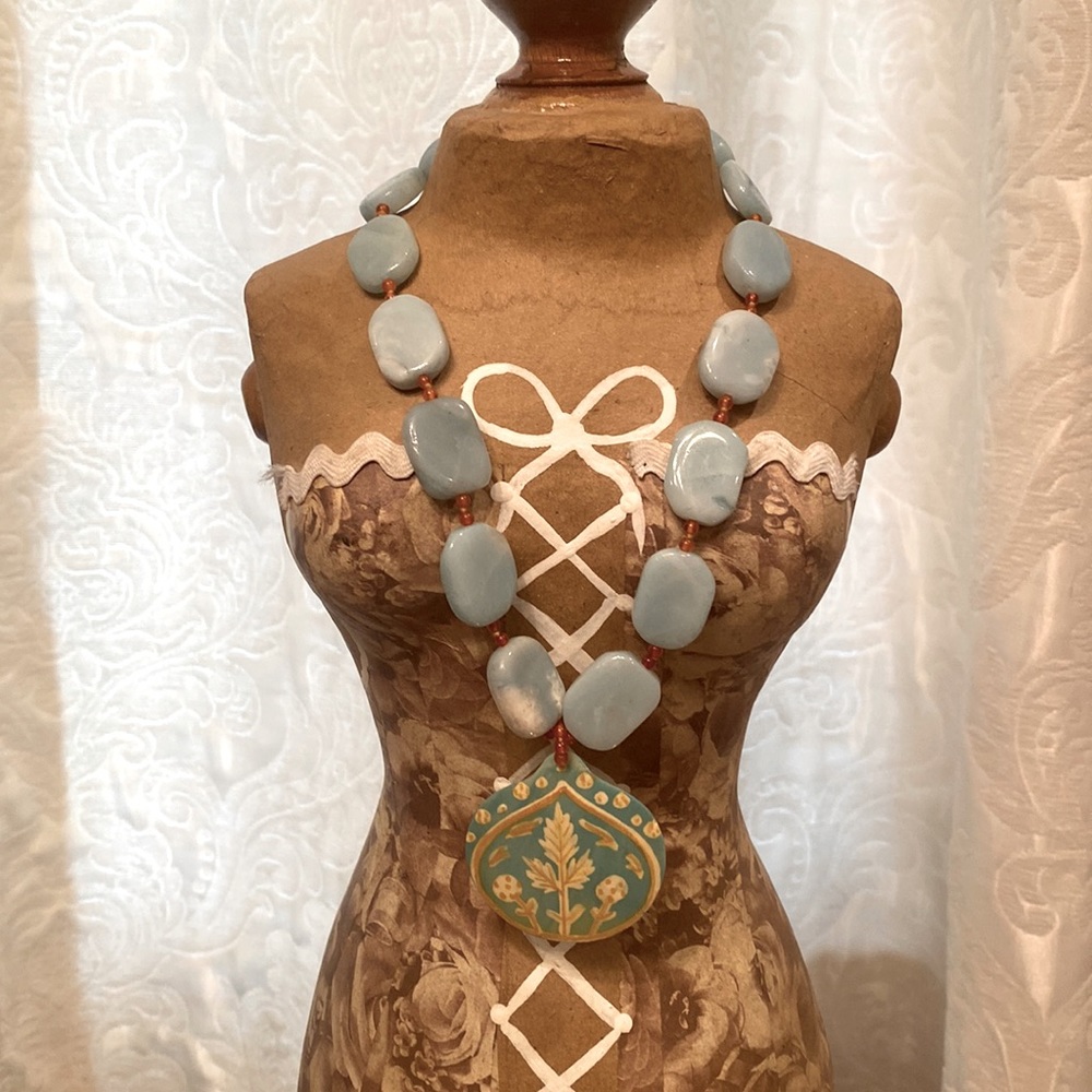 Gemstones and Beaded Necklace with Mother of Pearl Pendant Hand Painted